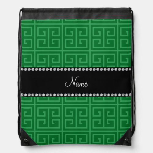 Personalized name green greek key pattern drawstring bag