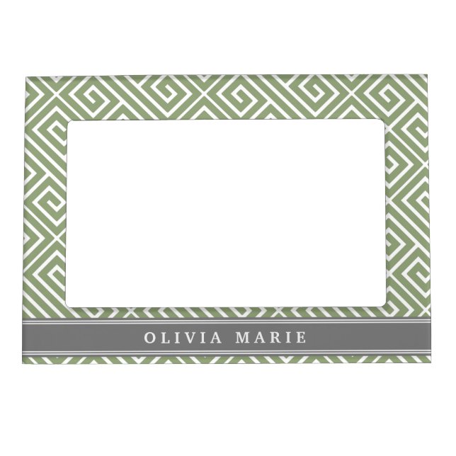 Personalized Name Green Greek Key Pattern Magnetic Picture Frame (Front)
