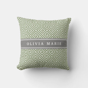 Personalized Name Green Greek Key Pattern Throw Pillow