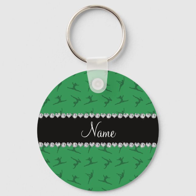 Personalized name green gymnastics pattern keychain (Front)