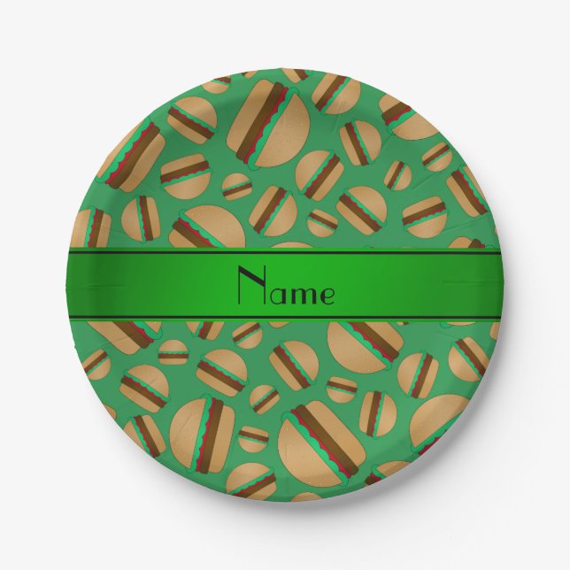 Personalized name green hamburger pattern paper plates (Front)