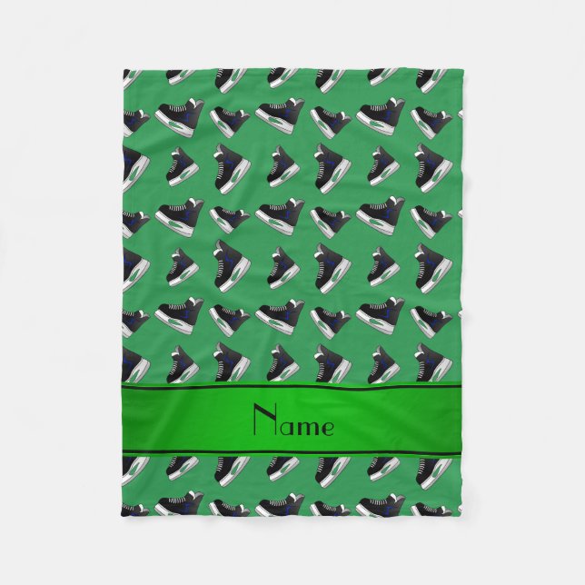 Personalized name green hockey skates fleece blanket (Front)