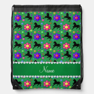 Personalized name green horses flowers pattern drawstring bag