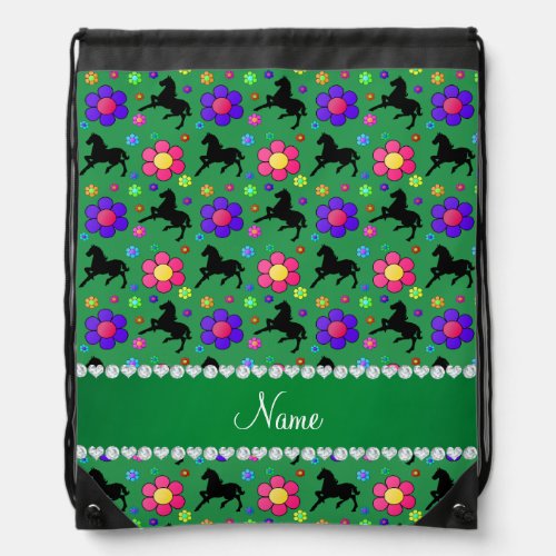 Personalized name green horses flowers pattern drawstring bag