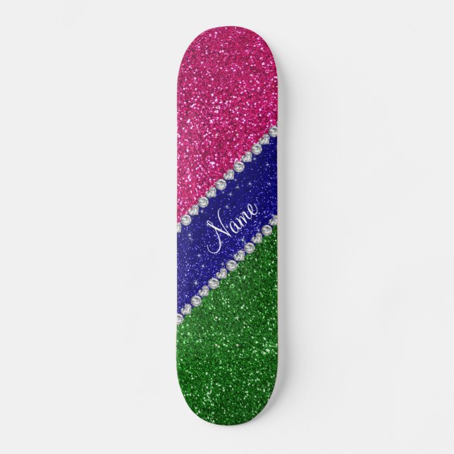 Personalized name green hot pink glitter skateboard (Front)