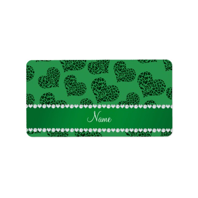 Personalized name green leopard hearts label (Front)