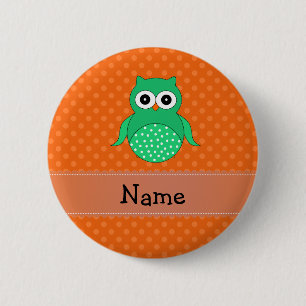 Personalized name green owl orange polka dots pinback button