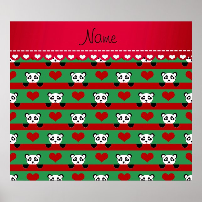 Personalized name green panda red heart stripes poster (Front)