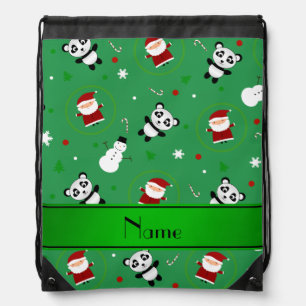 Personalized name green panda santas christmas drawstring bag