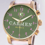 Personalized name green pink monogram custom watch<br><div class="desc">Personalized initials and name custom watch is a sweet anniversary gift to celebrate a milestone occasion for a couple. It makes a meaningful gift for a special day. Personalized Watch Wedding Gift for Groom, Watch For Groom, Anniversary Gift for Men, Groom Gift From Bride, Gift For Husband, Engraved Gift For...</div>
