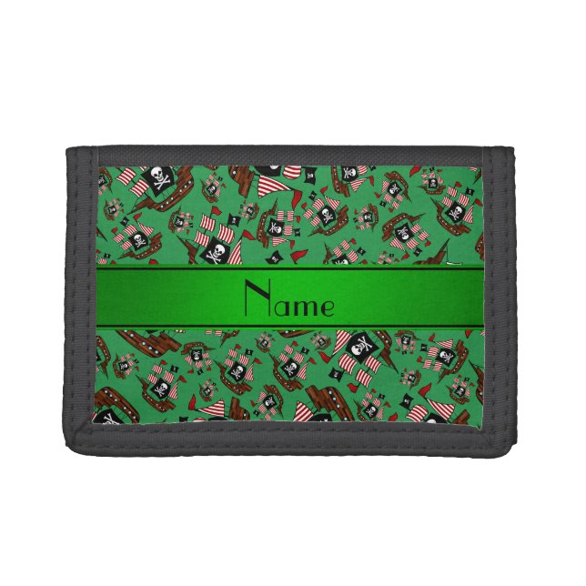 Personalized name green pirate ships tri-fold wallet (Front)