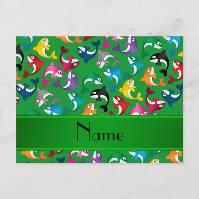 Personalized name green rainbow killer whales postcard (Front)