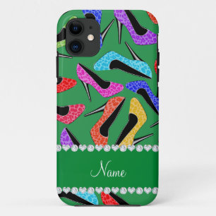 Personalized name green rainbow leopard high heels iPhone 11 case