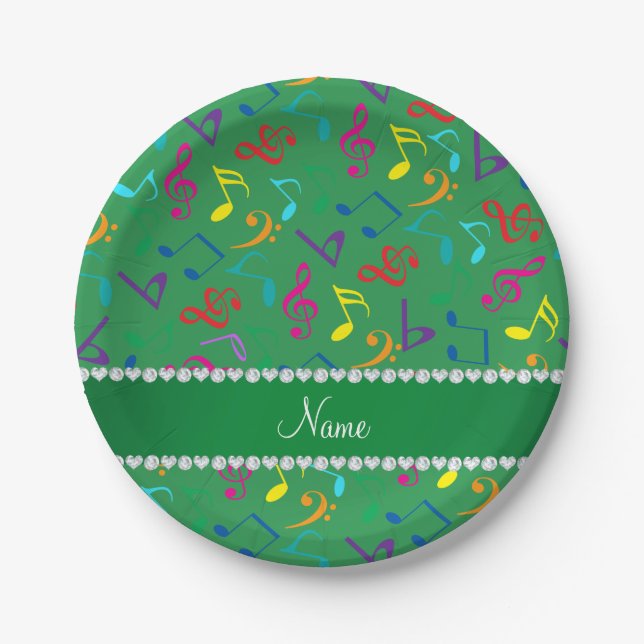 Personalized name green rainbow music notes paper plates (Front)