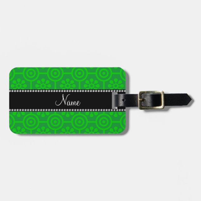 Personalized name green retro flowers luggage tag (Front Horizontal)