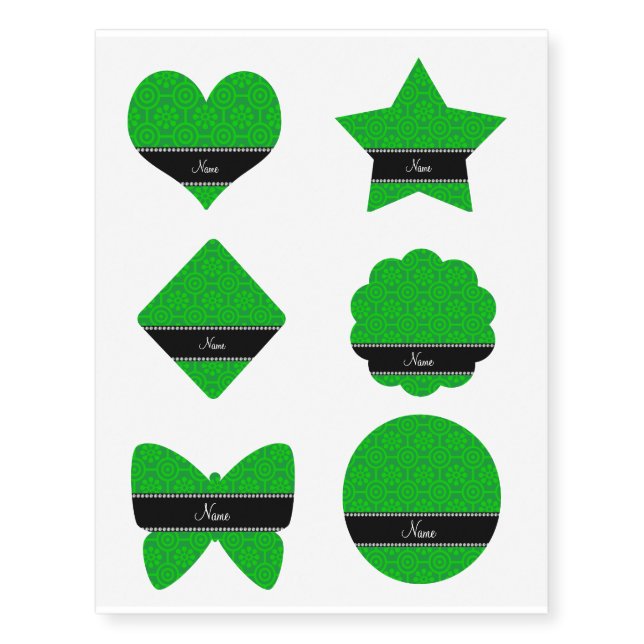 Personalized name green retro flowers temporary tattoos (Front)