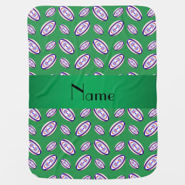 Personalized name green rugby balls baby blanket (Front)