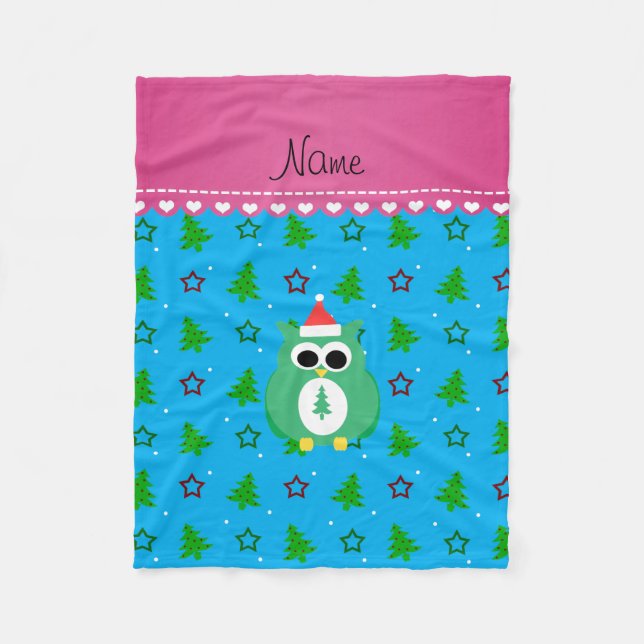 Personalized name green santa owl sky blue trees fleece blanket (Front)