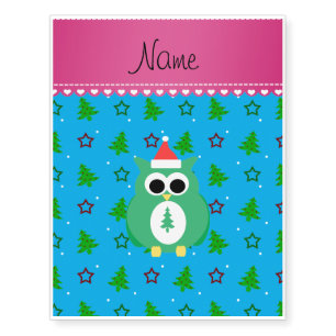Personalized name green santa owl sky blue trees temporary tattoos