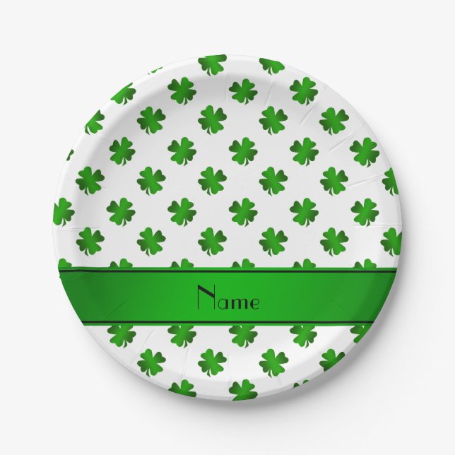 Personalized name green shamrocks green stripe paper plates (Front)