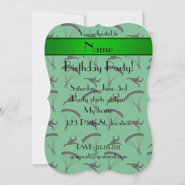 Personalized name green skydiving pattern invitation (Front)
