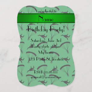 Personalized name green skydiving pattern invitation