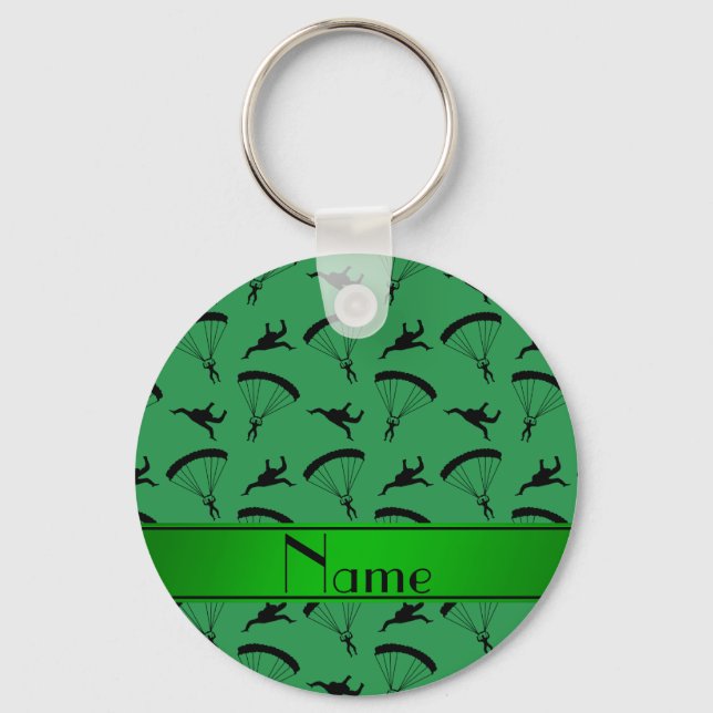 Personalized name green skydiving pattern keychain (Front)