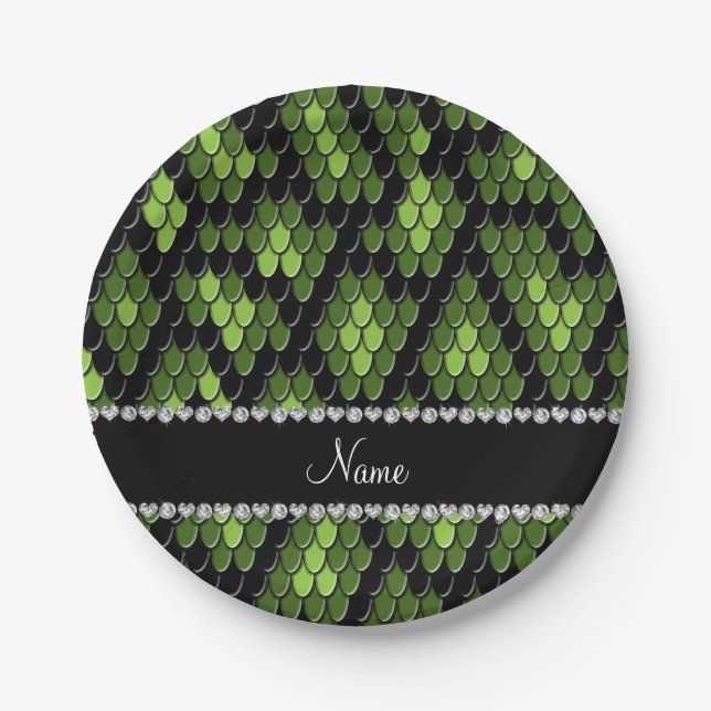Personalized name green snake skin pattern paper plates (Front)