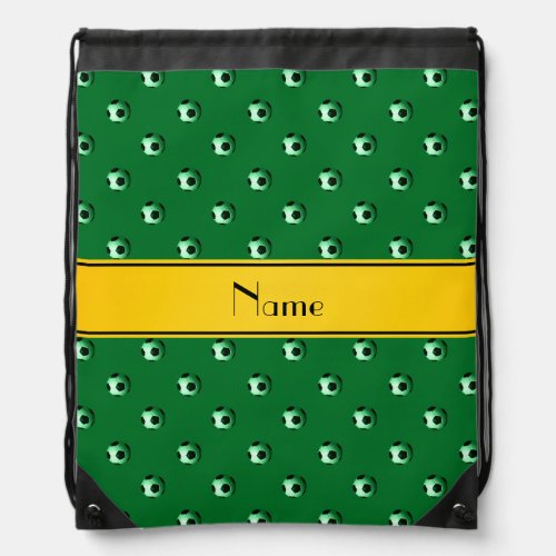 Personalized name green soccer yellow stripe drawstring bag