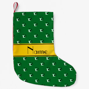 Personalized name green soccer yellow stripe small christmas stocking