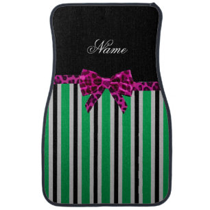 Personalized name green stripes pink leopard bow car floor mat