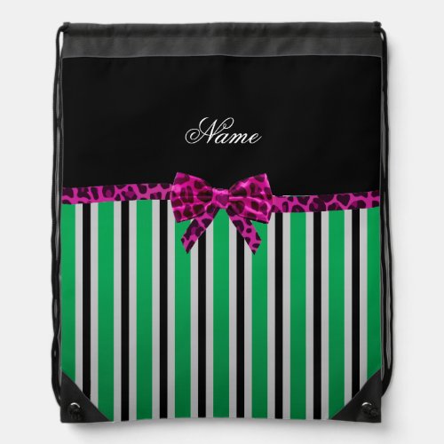 Personalized name green stripes pink leopard bow drawstring bag