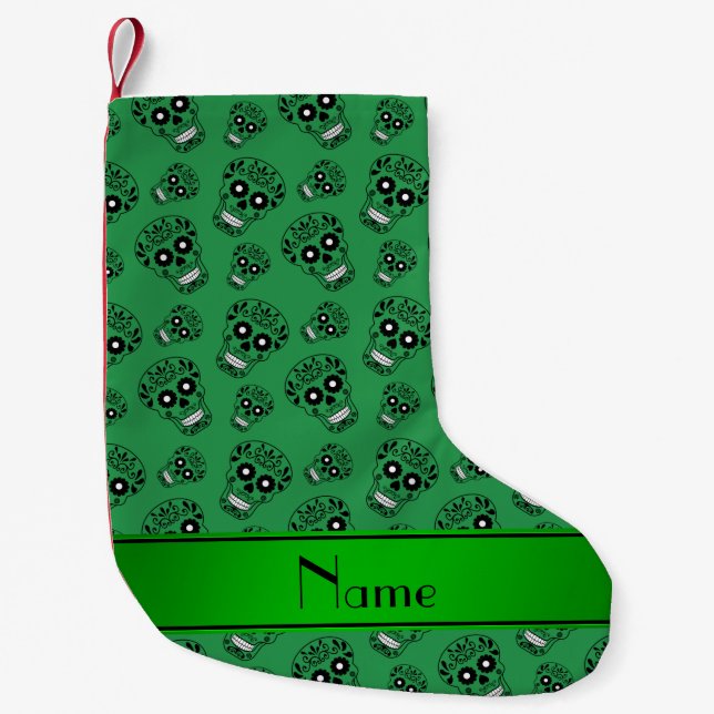 Personalized name green sugar skulls small christmas stocking (Front)