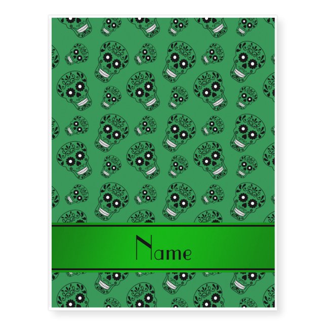 Personalized name green sugar skulls temporary tattoos (Front)