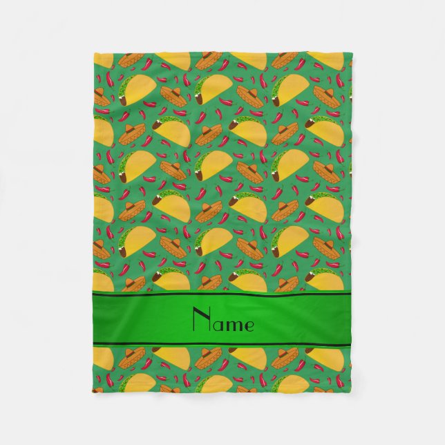 Personalized name green tacos sombreros chilis fleece blanket (Front)