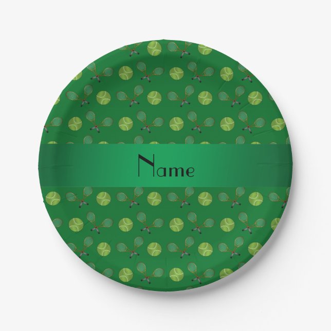 Personalized name green tennis balls paper plates (Front)