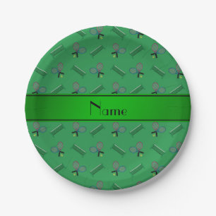 Personalized name green tennis rackets and nets paper plates