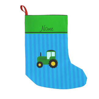 Personalized name green tractor blue stripes small christmas stocking