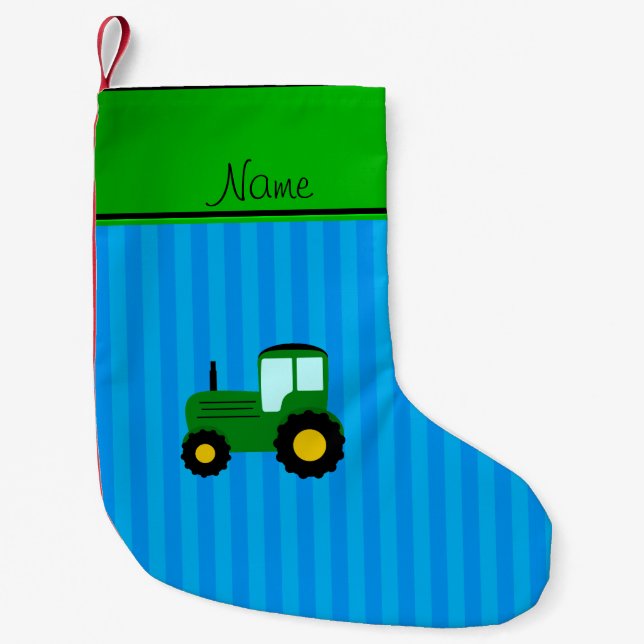 Personalized name green tractor blue stripes small christmas stocking (Front)
