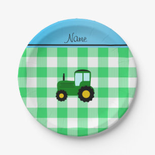 Personalized name green tractor green checkers paper plates