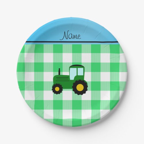 Personalized name green tractor green checkers paper plates