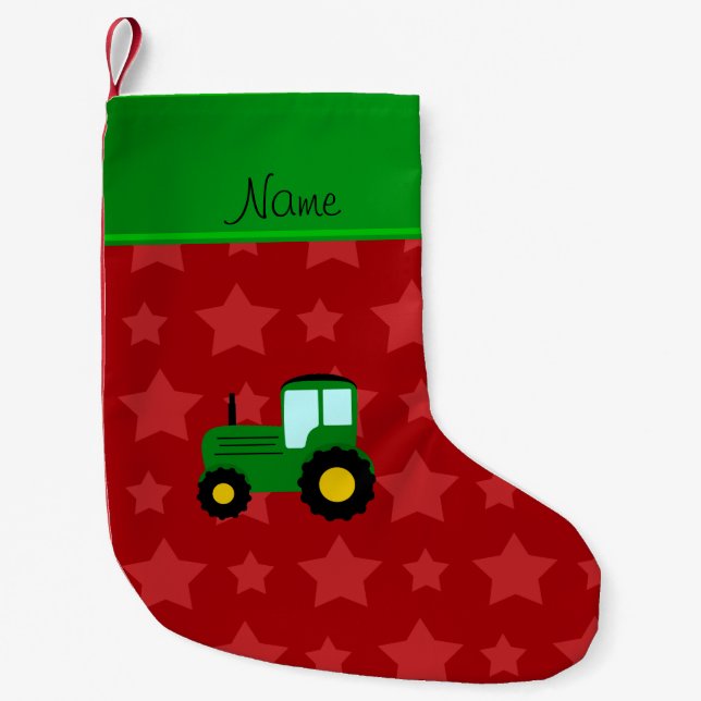 Personalized name green tractor red stars small christmas stocking (Front)