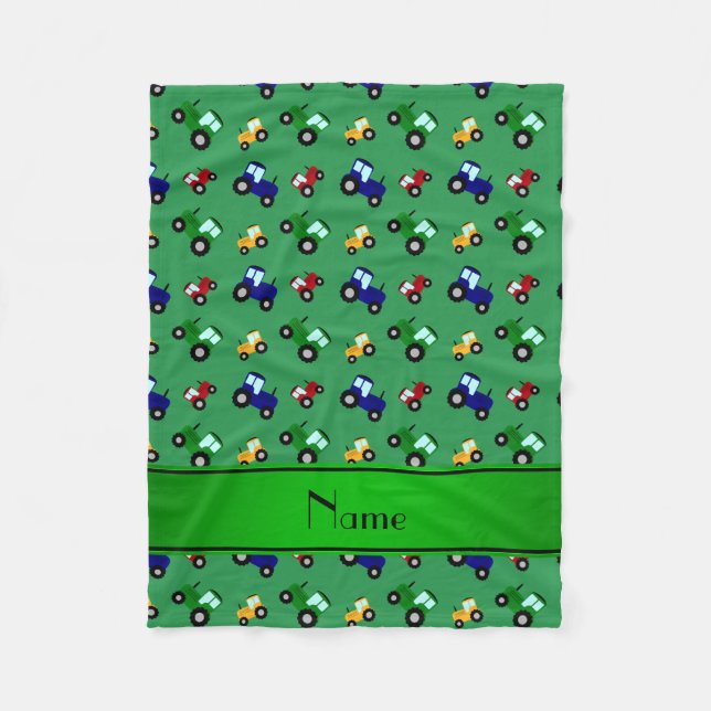 Personalized name green tractors fleece blanket (Front)