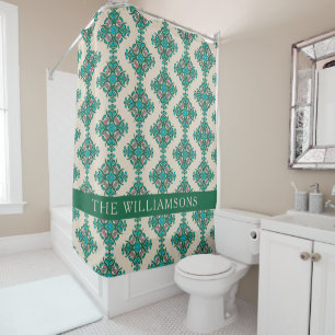 Personalized Name Green Vintage Tile Pattern  Shower Curtain