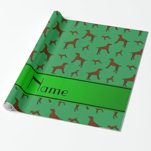 Personalized name green Vizsla dogs Wrapping Paper (Unrolled)