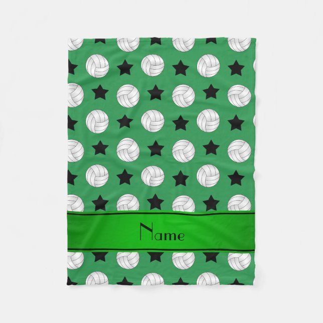 Personalized name green volleyball black stars fleece blanket (Front)