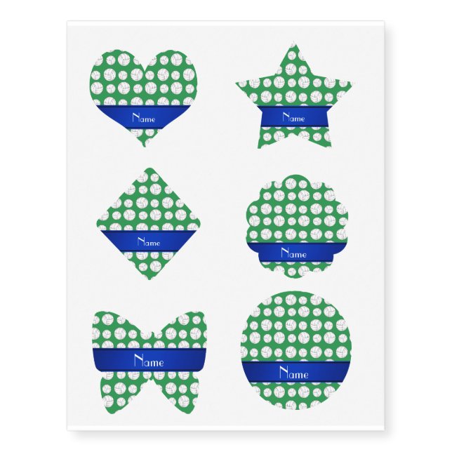 Personalized name green volleyball blue stripe temporary tattoos (Front)