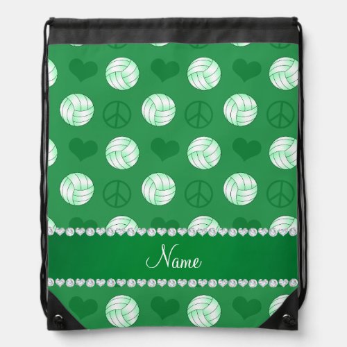 Personalized name green volleyballs peace hearts drawstring bag