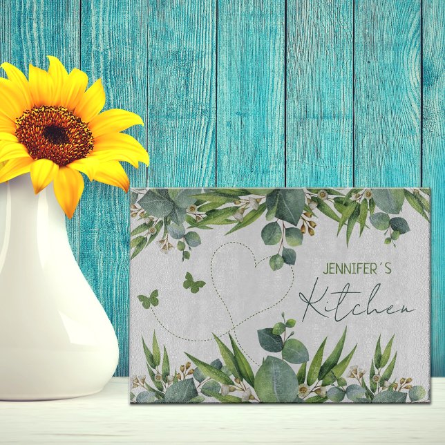 Personalized Name Green Watercolor Leaves Cutting Board (Creator Uploaded)