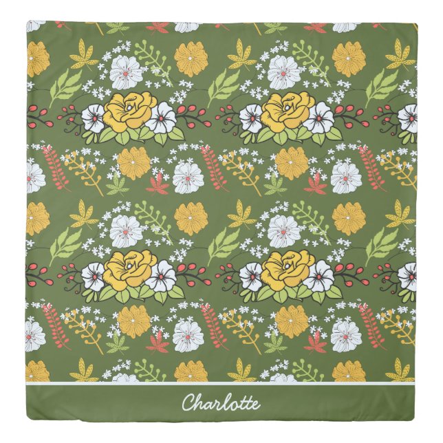 Personalized name greenery floral seamless pattern duvet cover (Front)
